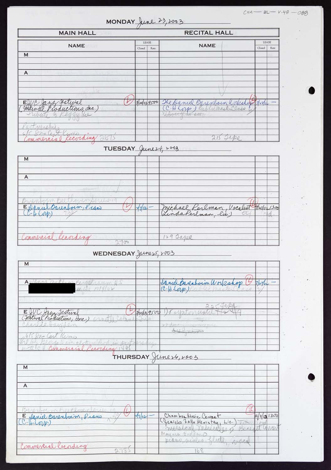 Carnegie Hall Booking Ledger, volume 48, page 88