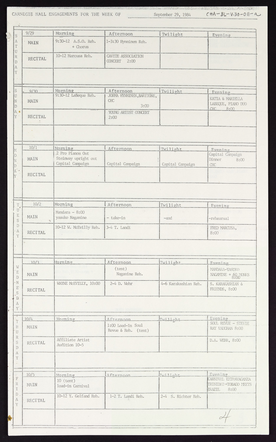 Carnegie Hall Booking Ledger, volume 30, page 11a
