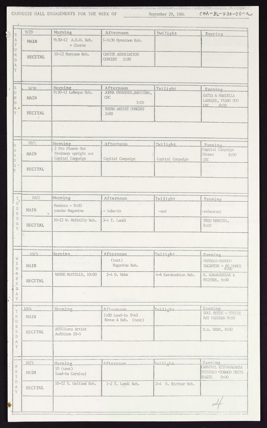 Carnegie Hall Booking Ledger, volume 30, page 11a