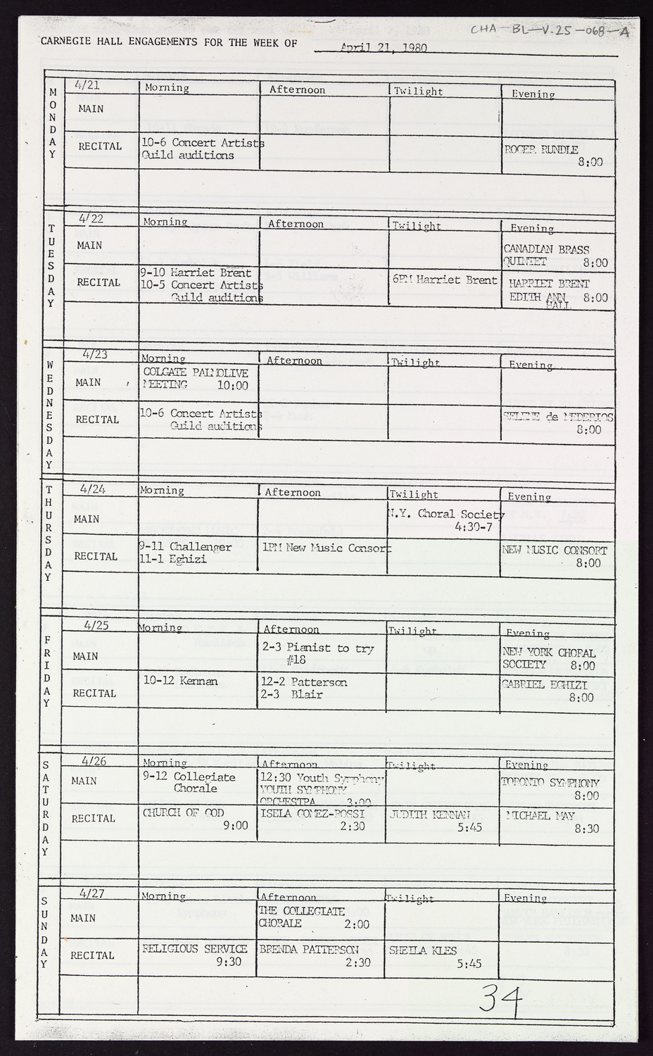 Carnegie Hall Booking Ledger, volume 25, page 68a