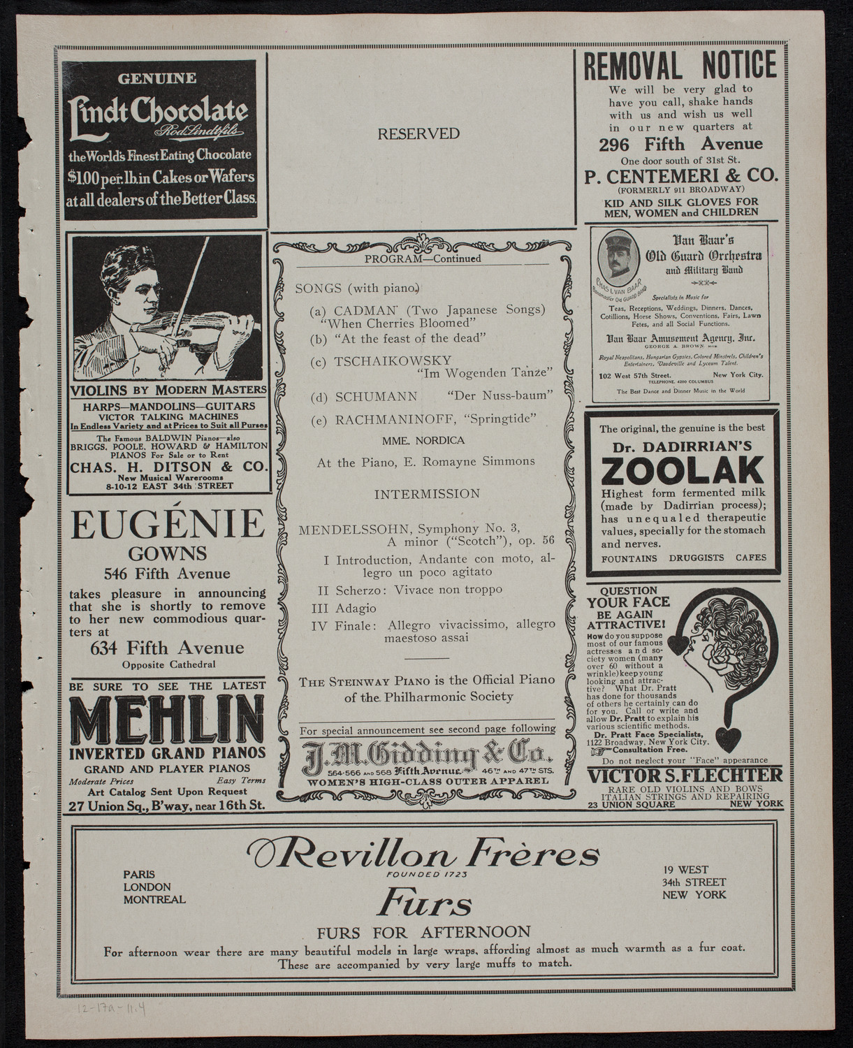 New York Philharmonic, December 17, 1911, program page 7