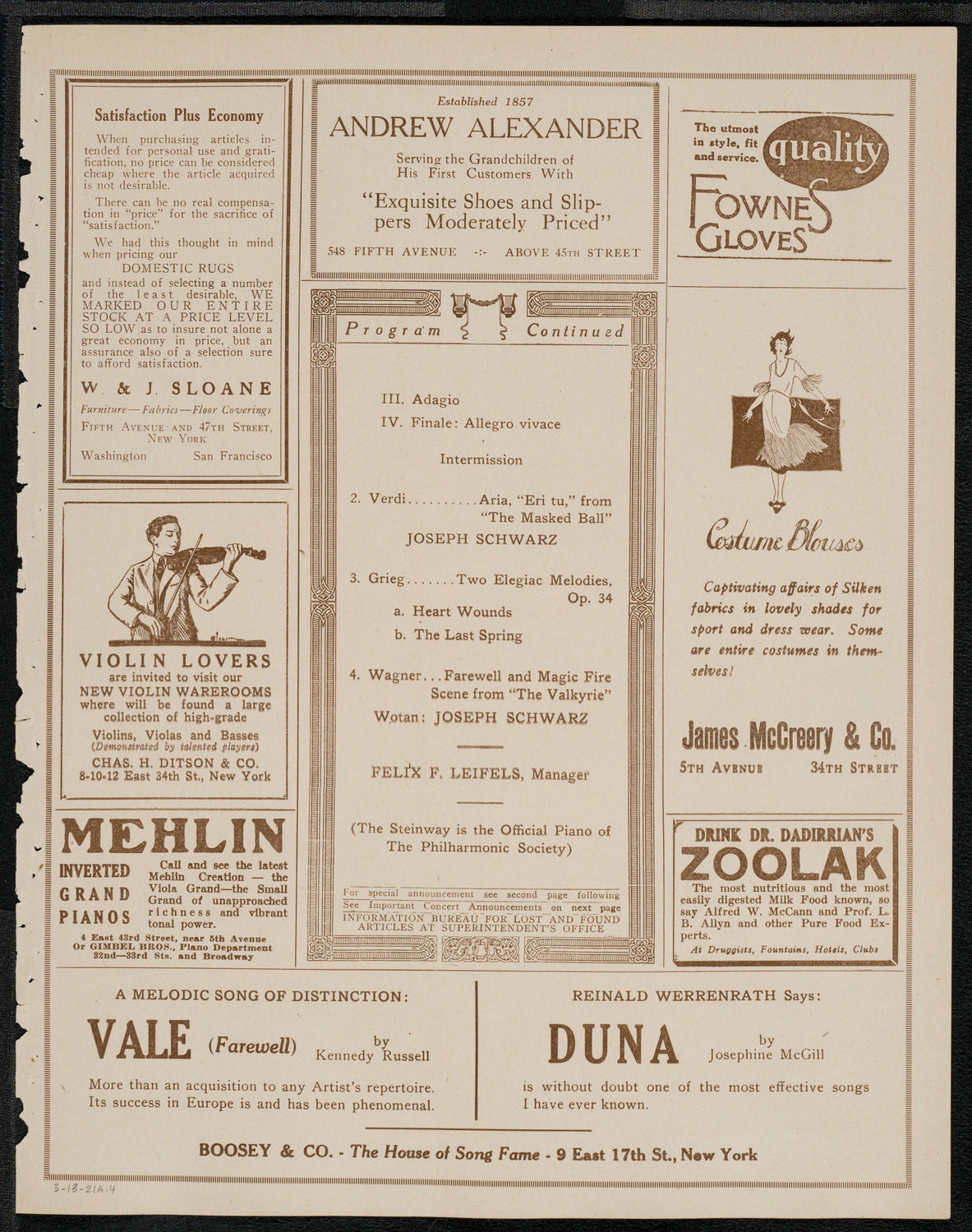 New York Philharmonic, March 13, 1921, program page 7