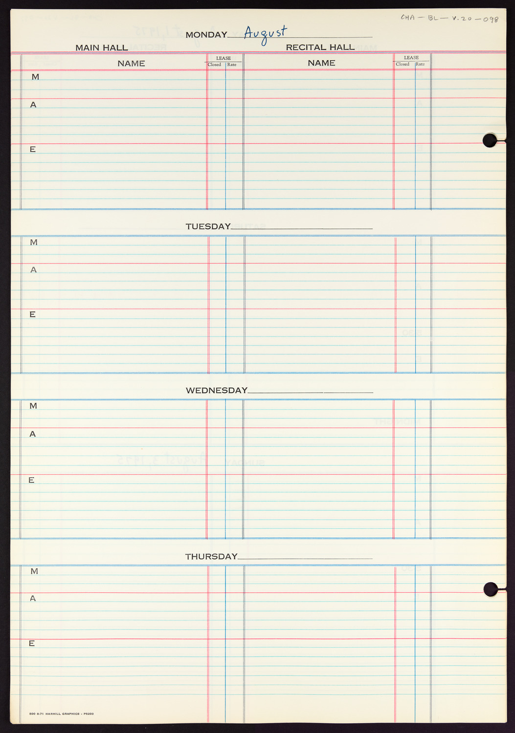 Carnegie Hall Booking Ledger, volume 20, page 98