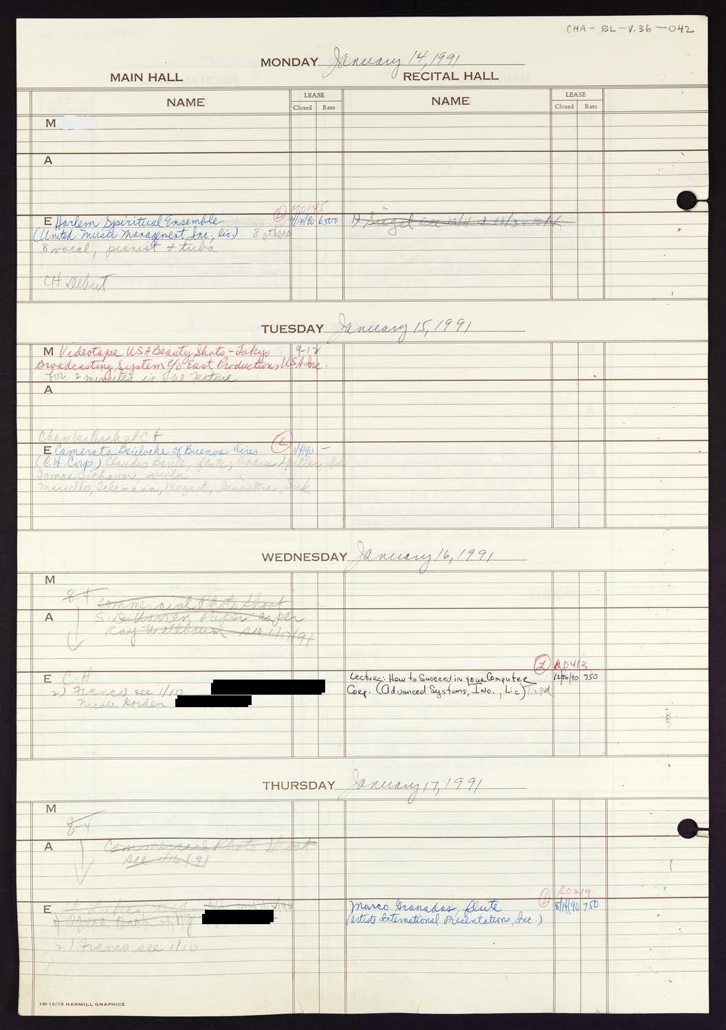 Carnegie Hall Booking Ledger, volume 36, page 42