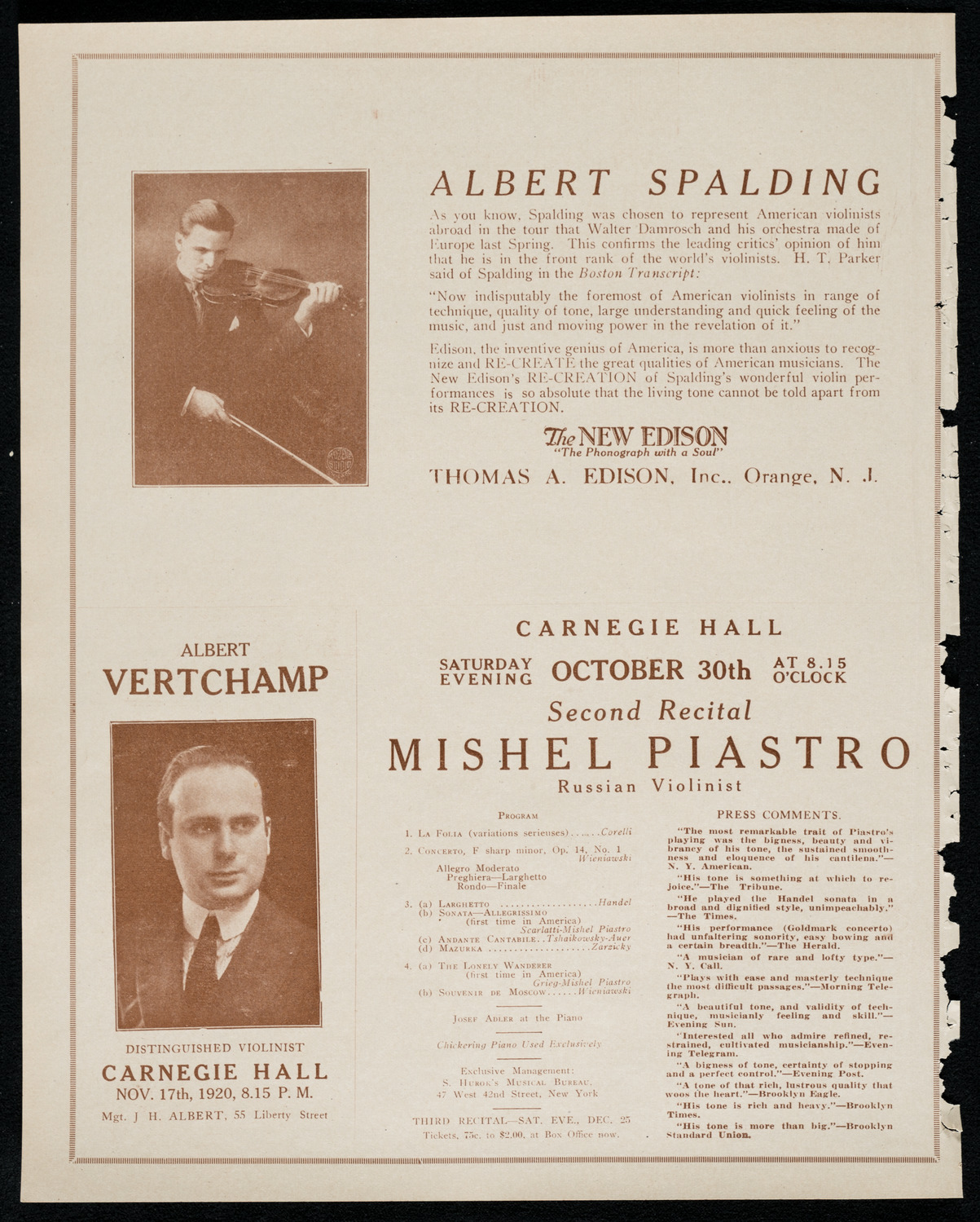 Hipolito Lazaro, Tenor, October 27, 1920, program page 2