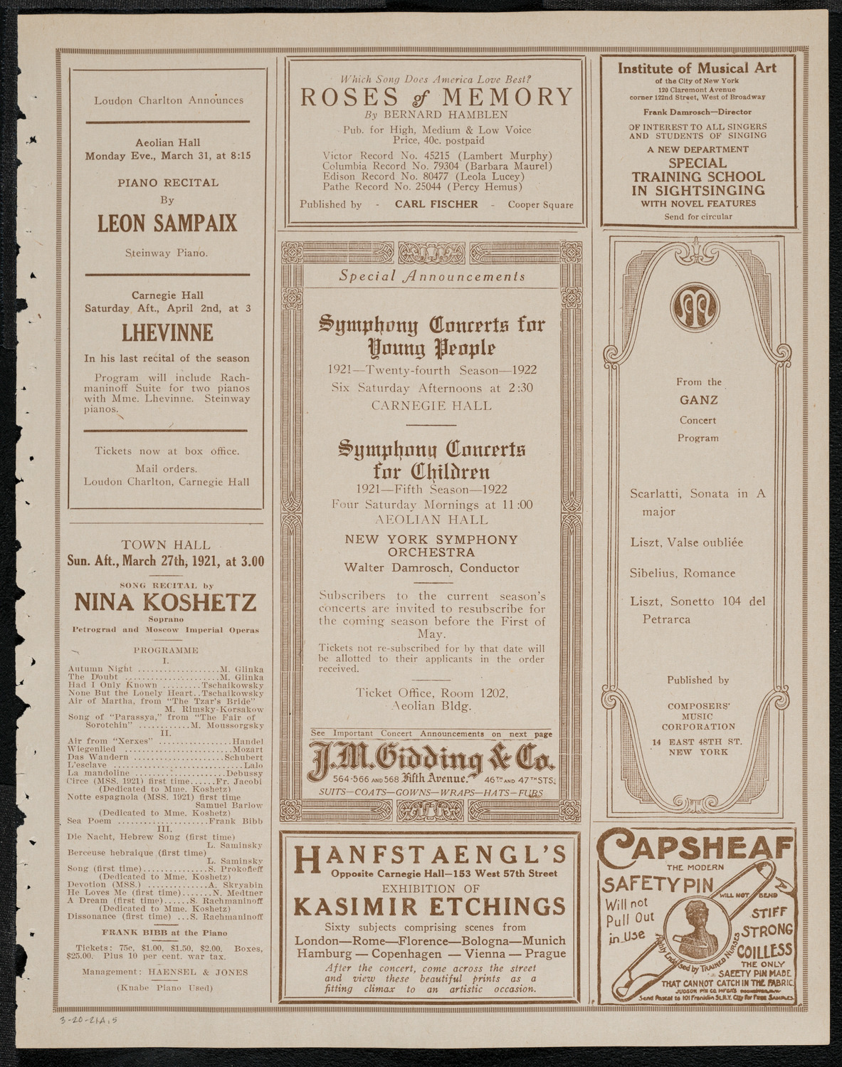 Josef Hofmann, Piano, March 20, 1921, program page 9