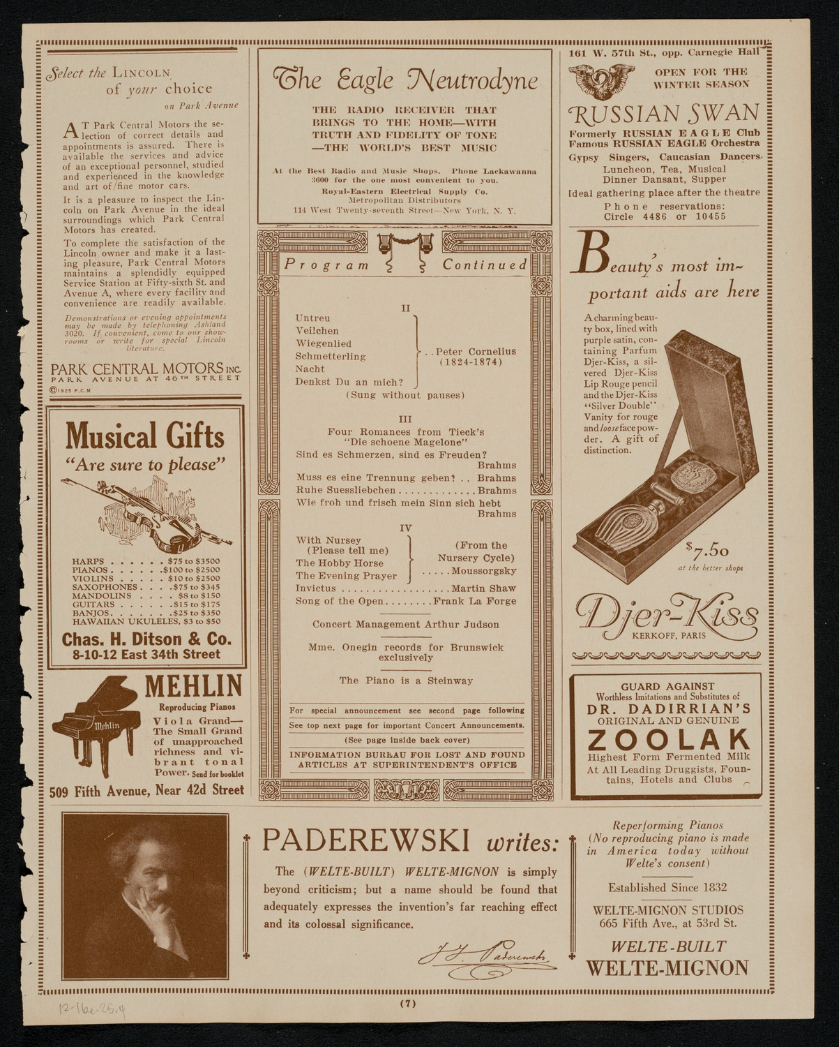 Sigrid Onégin, Contralto, December 16, 1925, program page 7