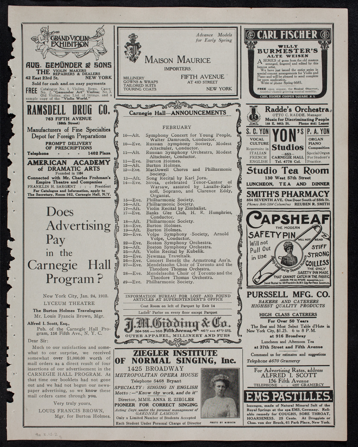 New York Philharmonic, February 9, 1912, program page 3