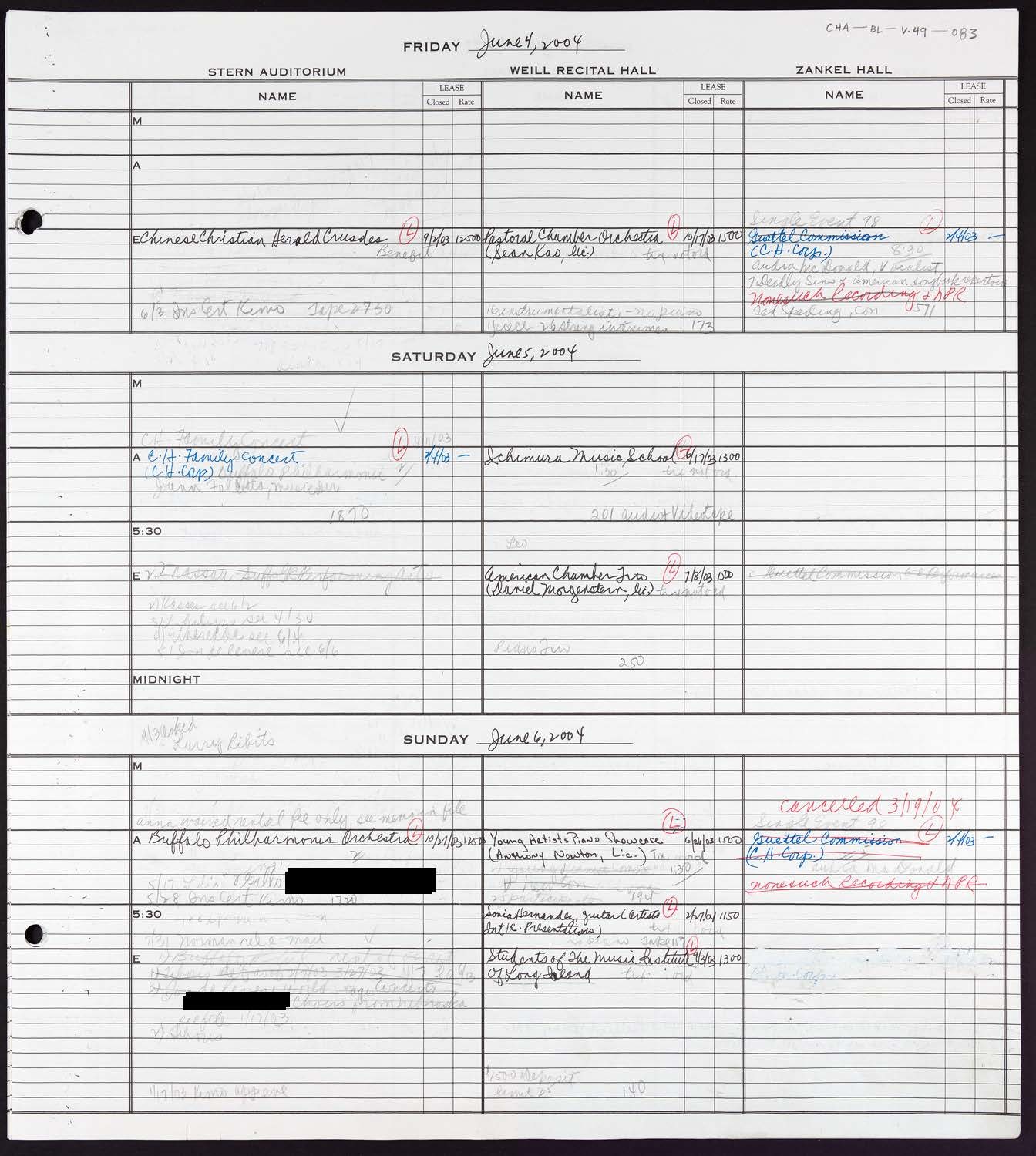 Carnegie Hall Booking Ledger, volume 49, page 83