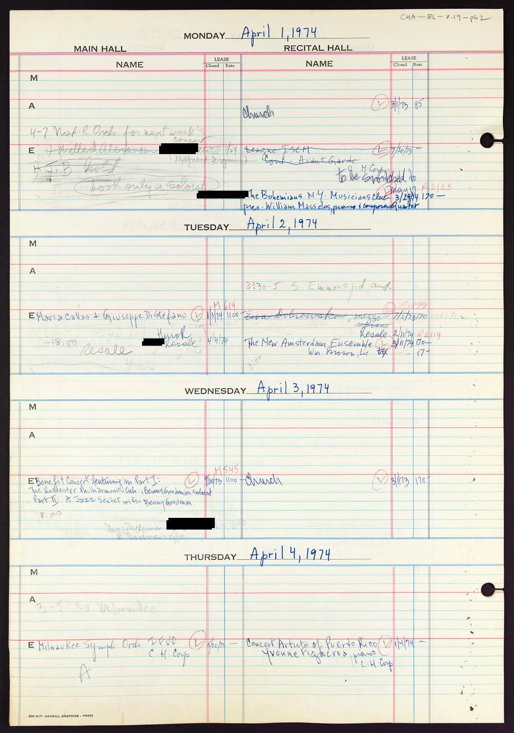 Carnegie Hall Booking Ledger, volume 19, page 62