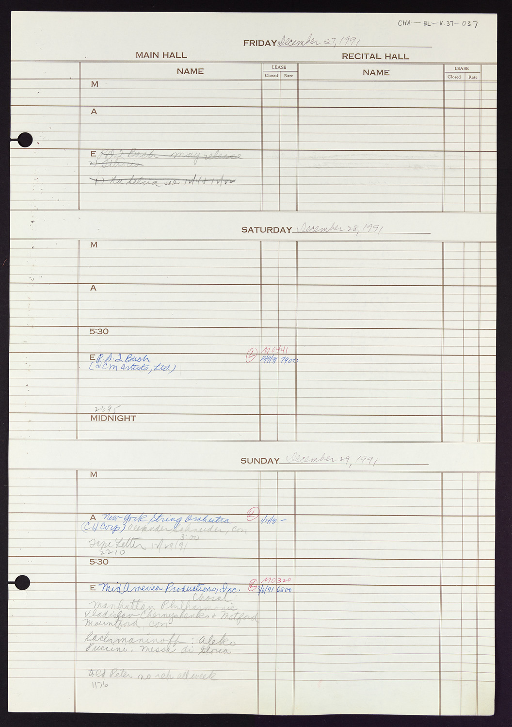 Carnegie Hall Booking Ledger, volume 37, page 37