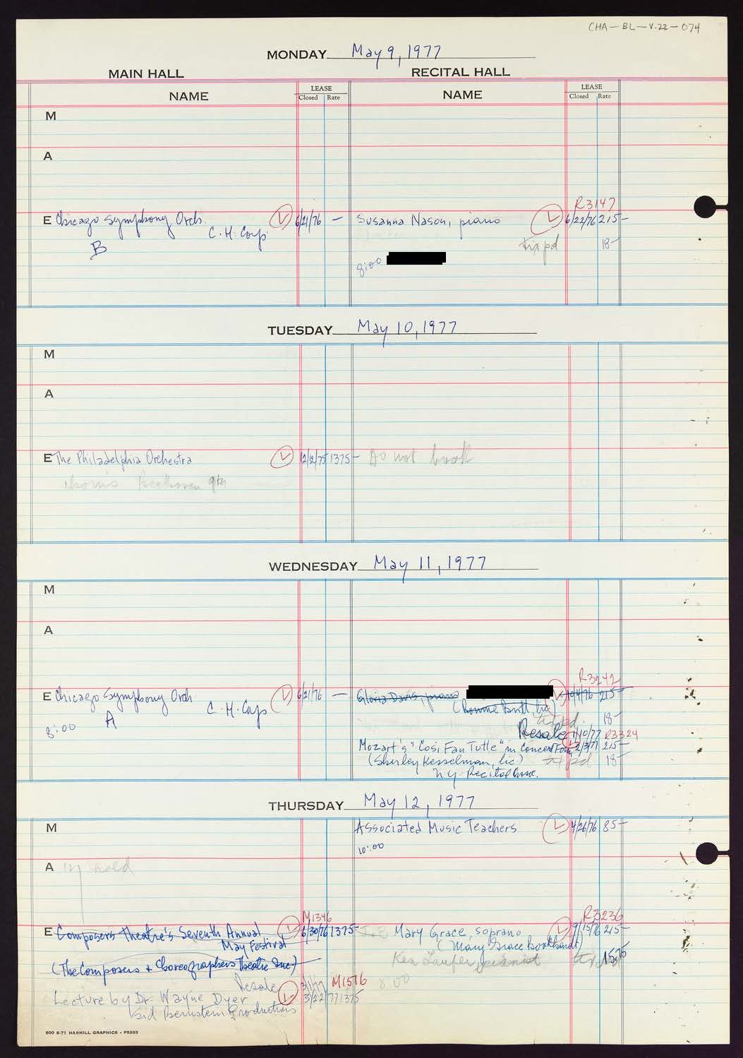 Carnegie Hall Booking Ledger, volume 22, page 74