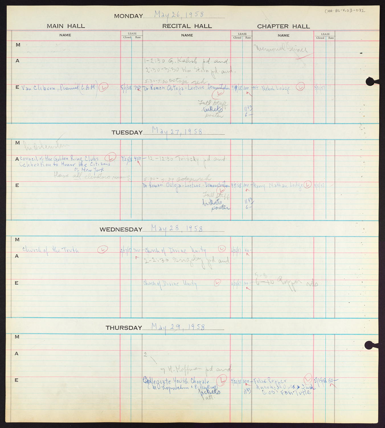 Carnegie Hall Booking Ledger, volume 3, page 72