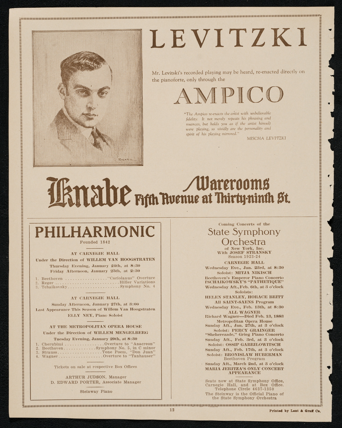 New York Philharmonic, January 20, 1924, program page 12