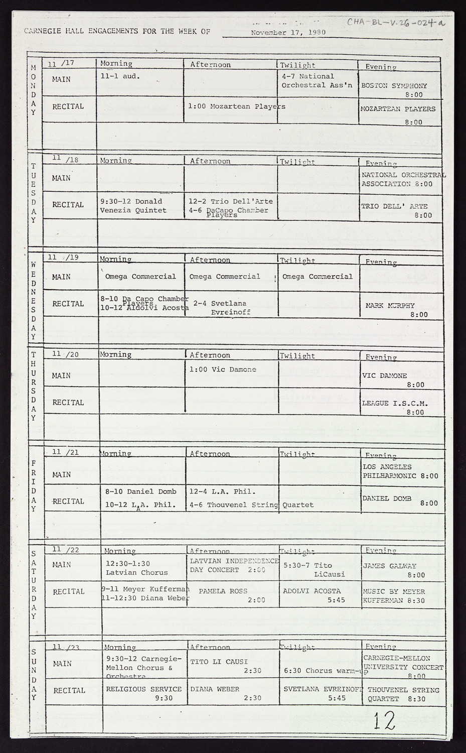 Carnegie Hall Booking Ledger, volume 26, page 24a