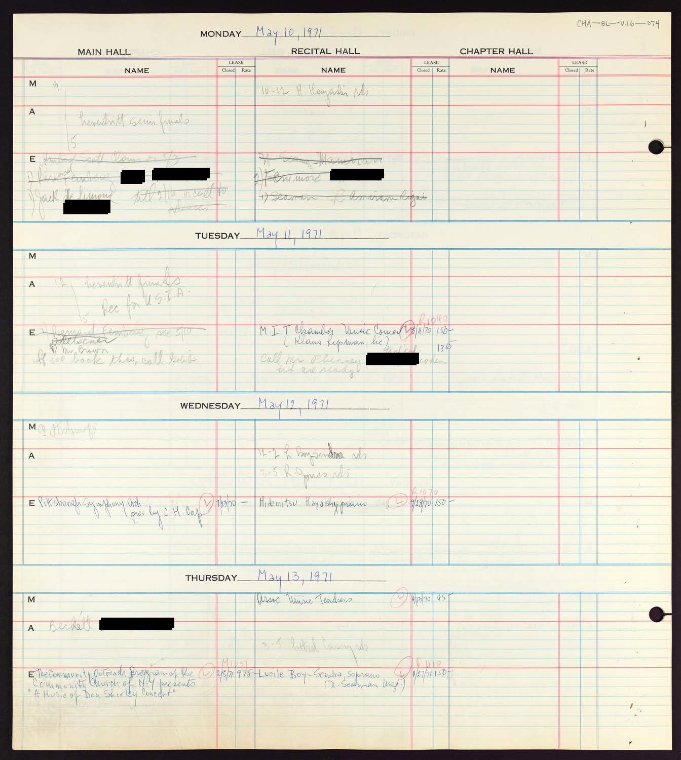 Carnegie Hall Booking Ledger, volume 16, page 74