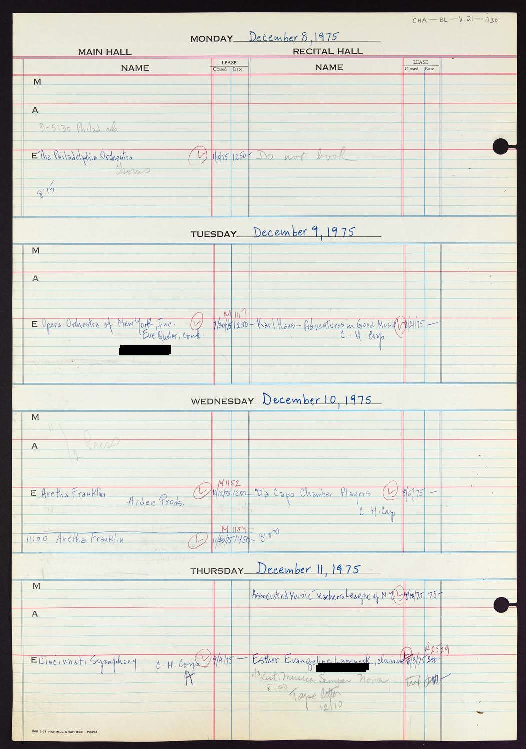 Carnegie Hall Booking Ledger, volume 21, page 30