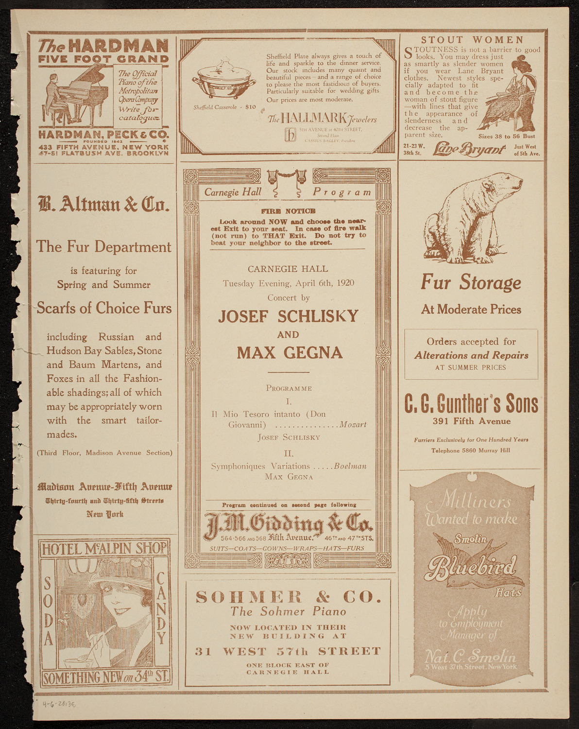 Josef Schlisky and Max Gegna, April 6, 1920, program page 5