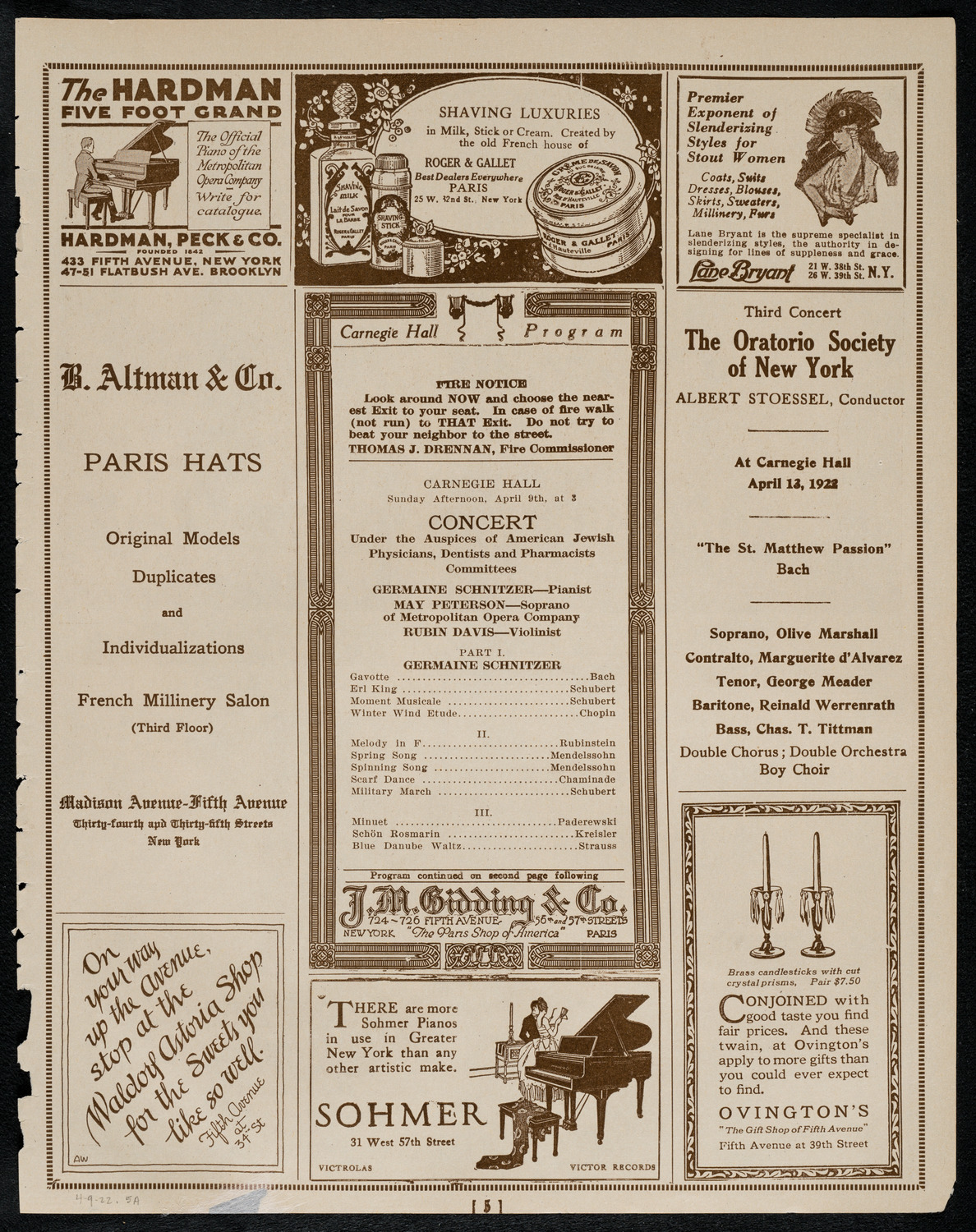 Germaine Schnitzer, Piano, with May Peterson, Soprano, and Rubin Davis, Violin, April 9, 1922, program page 5