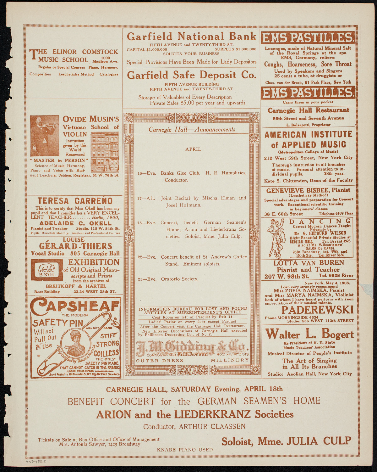 Columbia University Chorus, April 15, 1914, program page 3