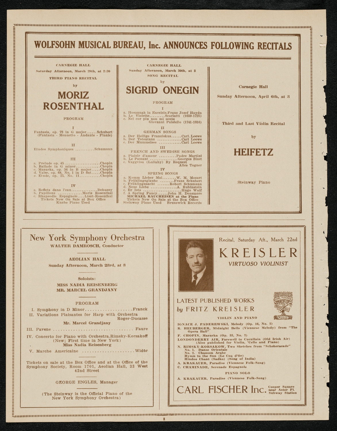 Frieda Hempel, Soprano, Carl Flesch, Violin, and Elly Ney, Piano, March 18, 1924, program page 8