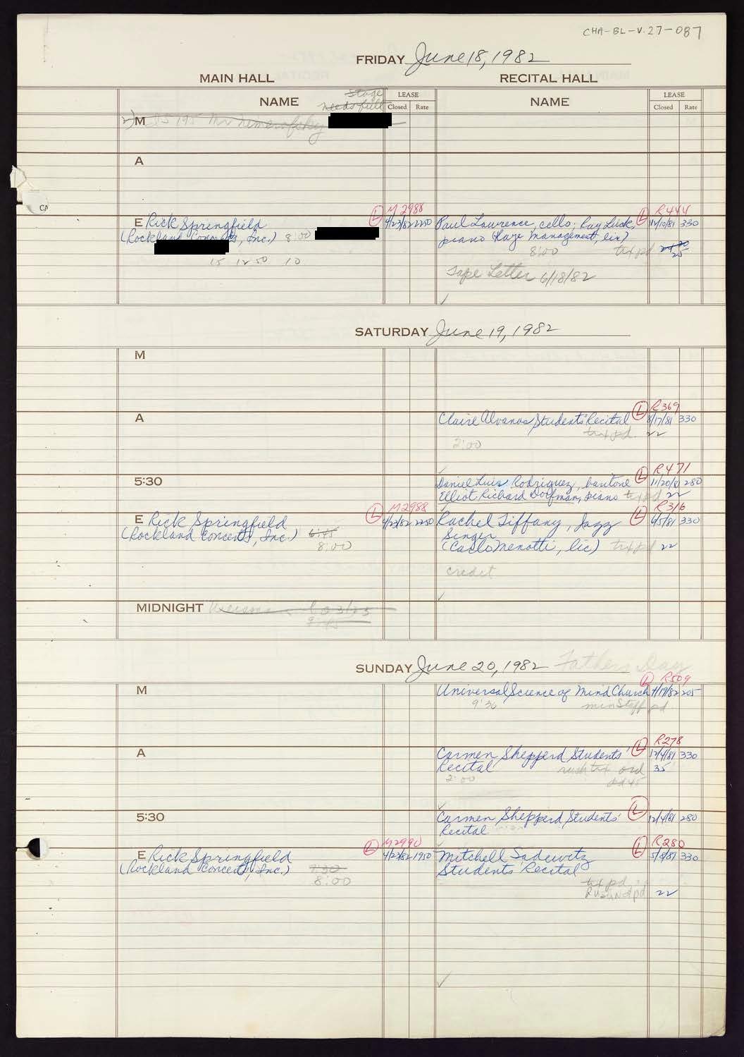 Carnegie Hall Booking Ledger, volume 27, page 87