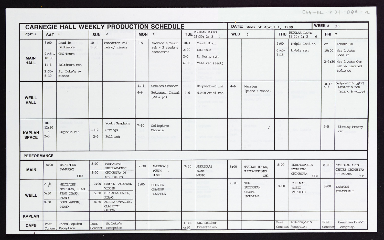 Carnegie Hall Booking Ledger, volume 34, page 65a