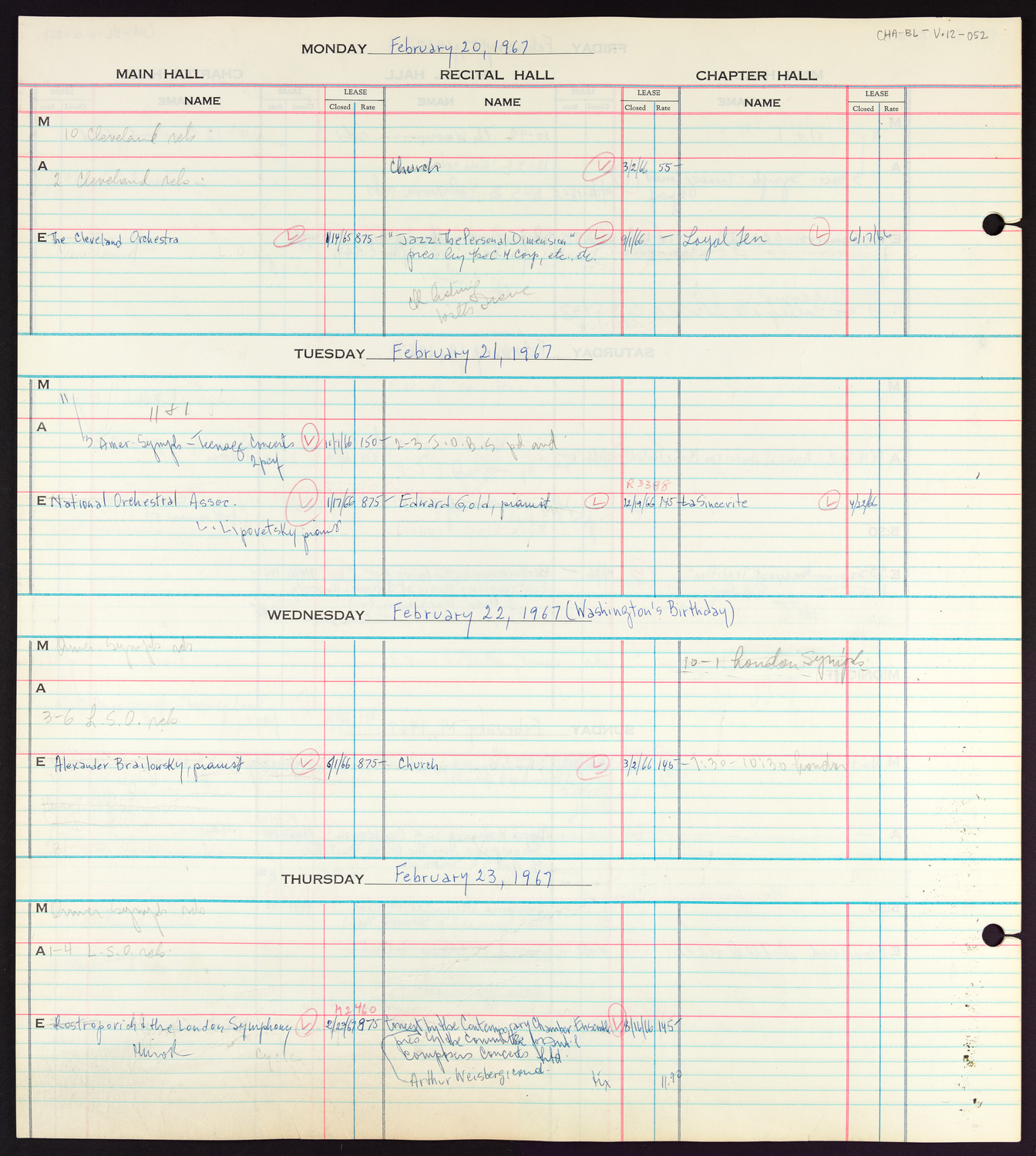 Carnegie Hall Booking Ledger, volume 12, page 52