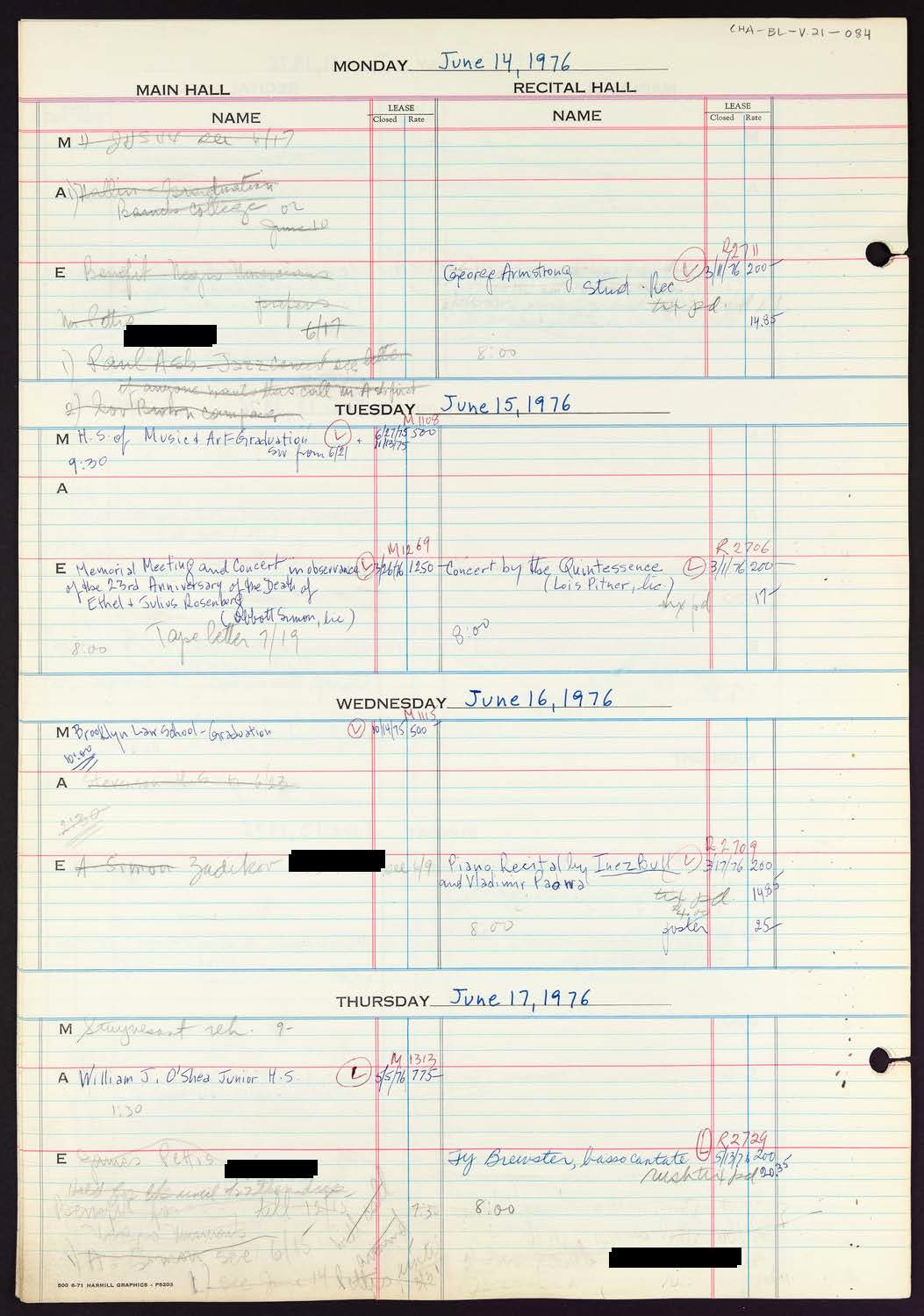 Carnegie Hall Booking Ledger, volume 21, page 84