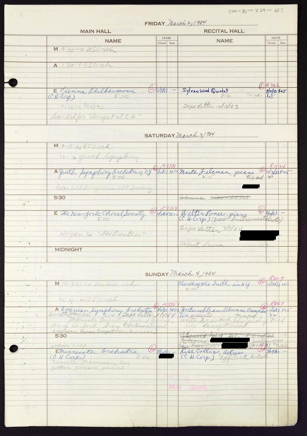 Carnegie Hall Booking Ledger, volume 29, page 57