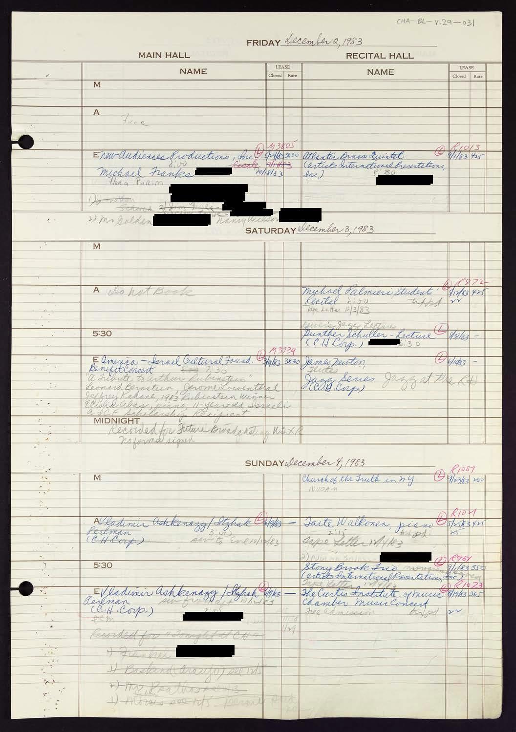 Carnegie Hall Booking Ledger, volume 29, page 31