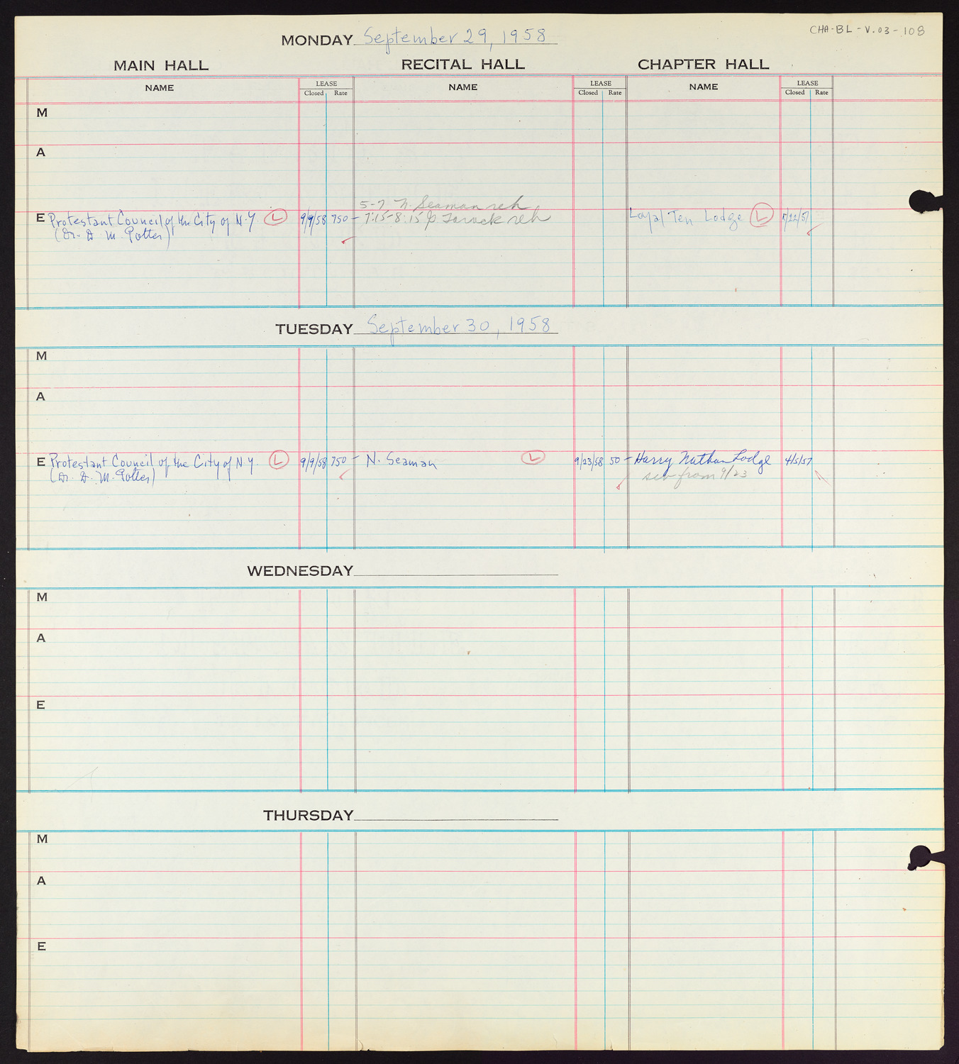 Carnegie Hall Booking Ledger, volume 3, page 108