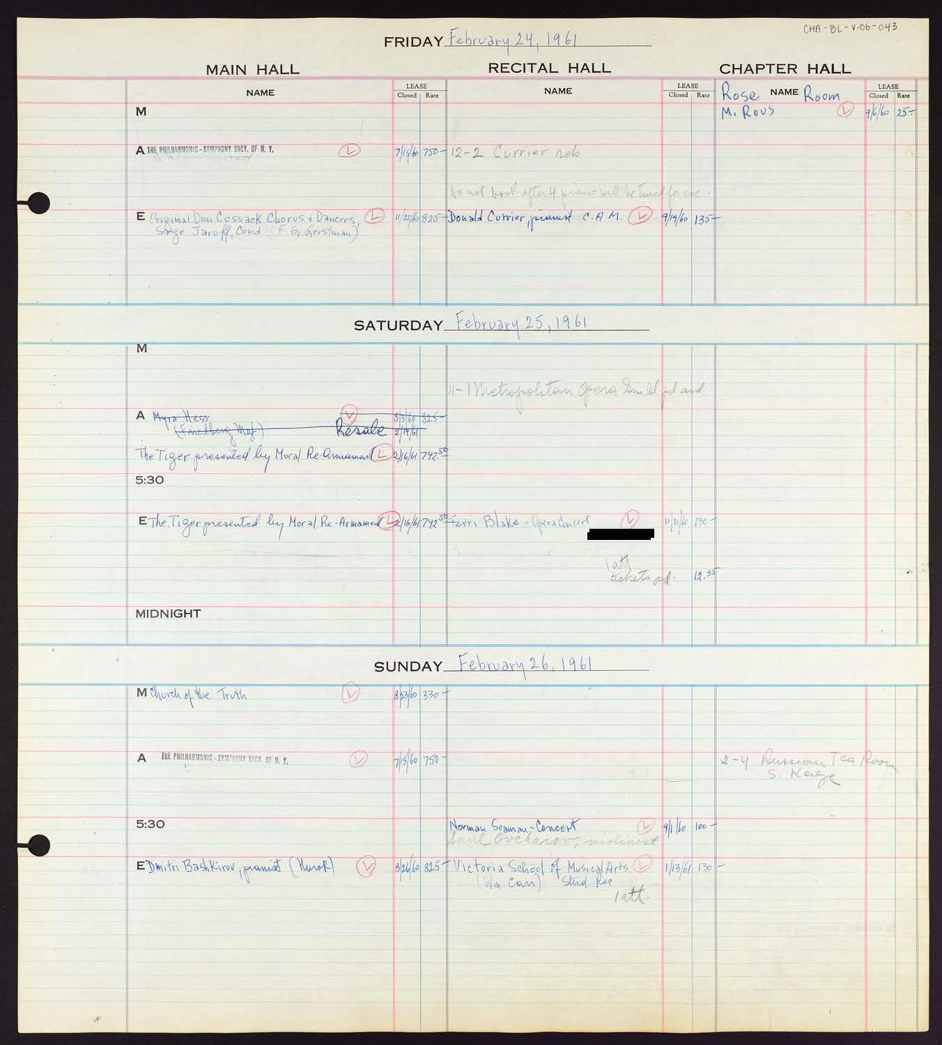 Carnegie Hall Booking Ledger, volume 6, page 43