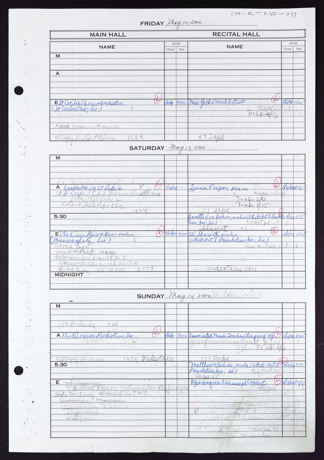 Carnegie Hall Booking Ledger, volume 45, page 77