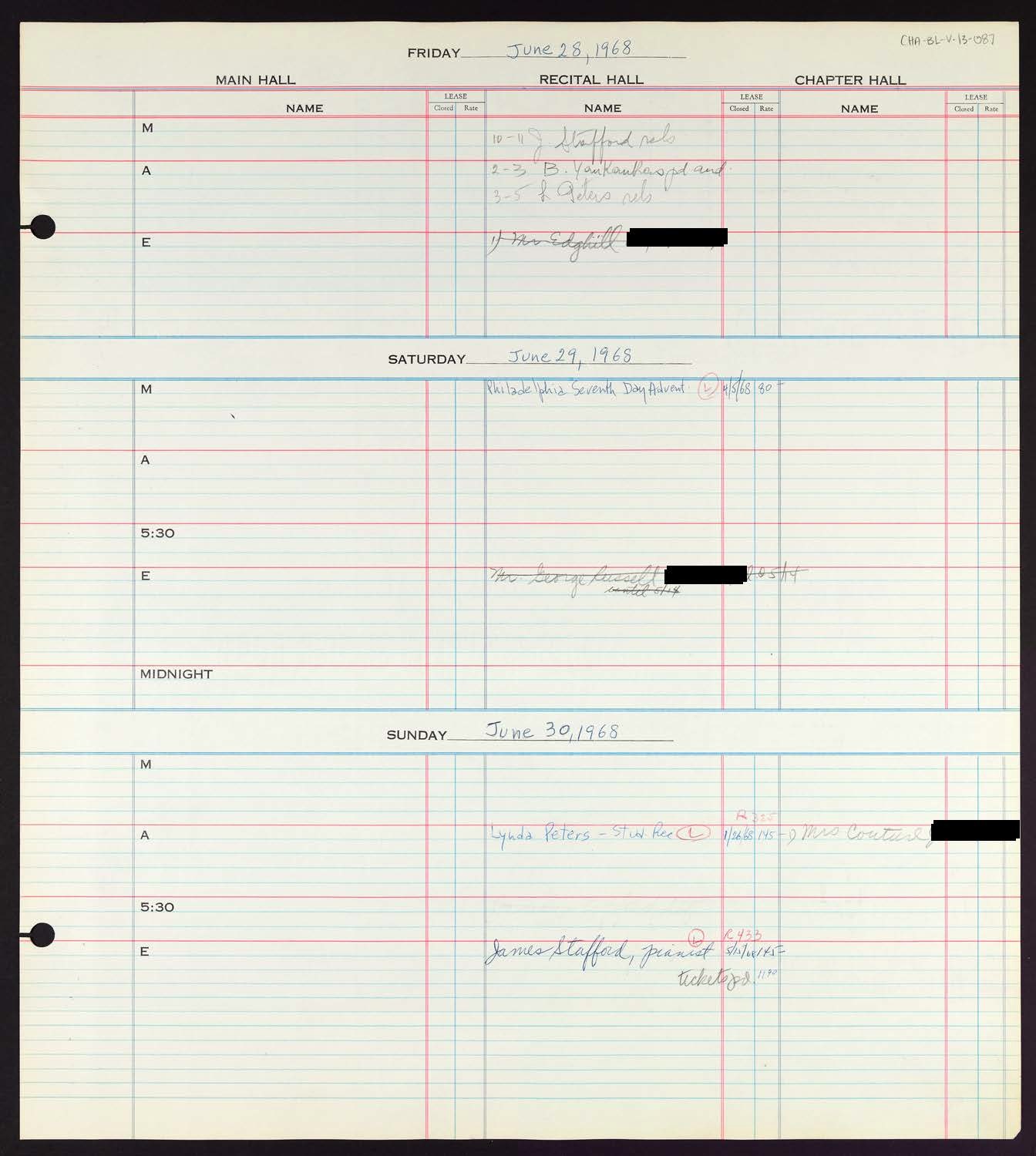 Carnegie Hall Booking Ledger, volume 13, page 87