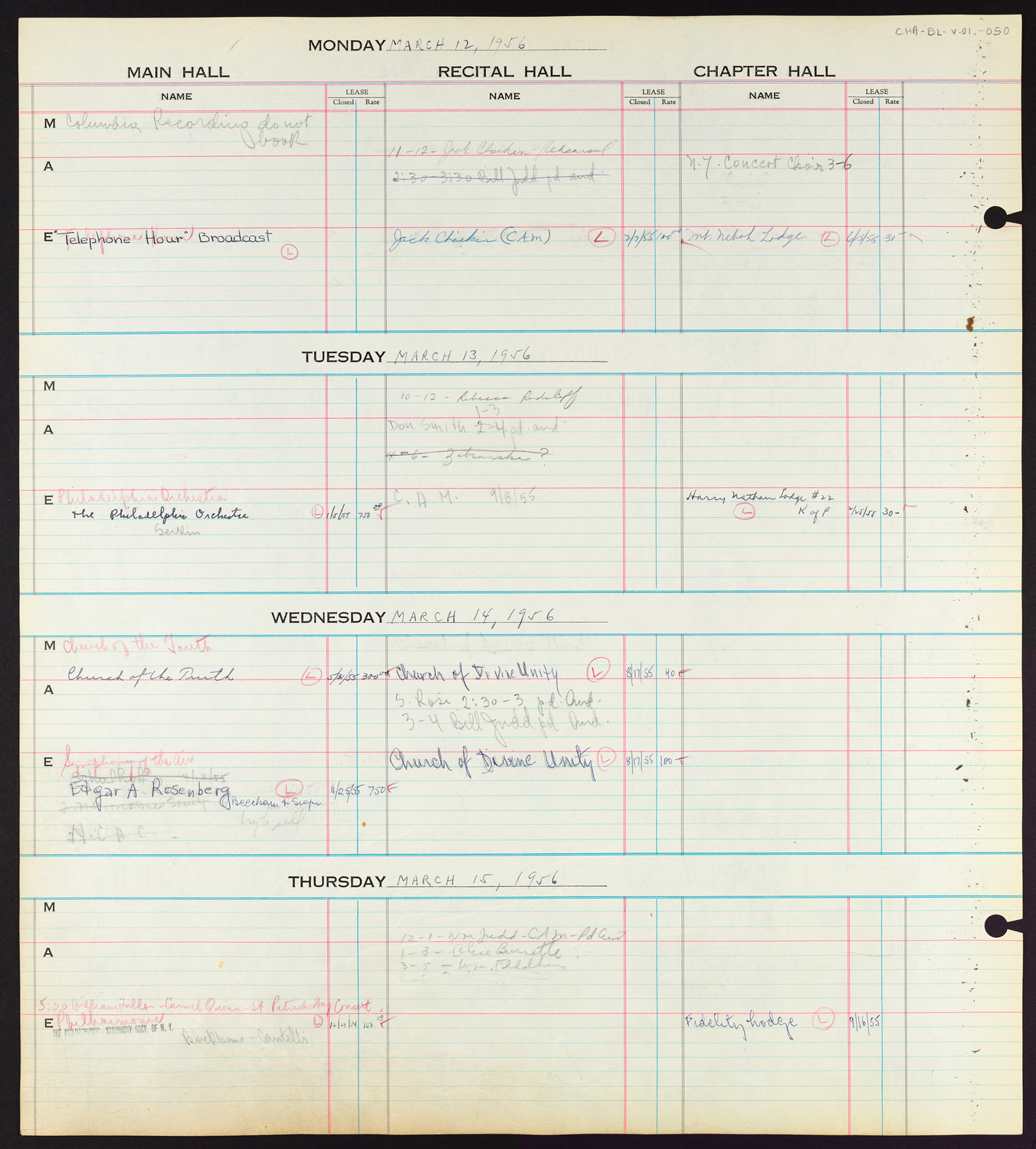 Carnegie Hall Booking Ledger, volume 1, page 50