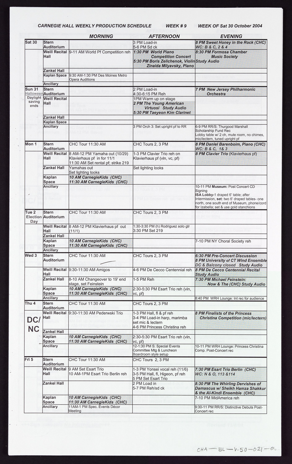 Carnegie Hall Booking Ledger, volume 50, page 21a