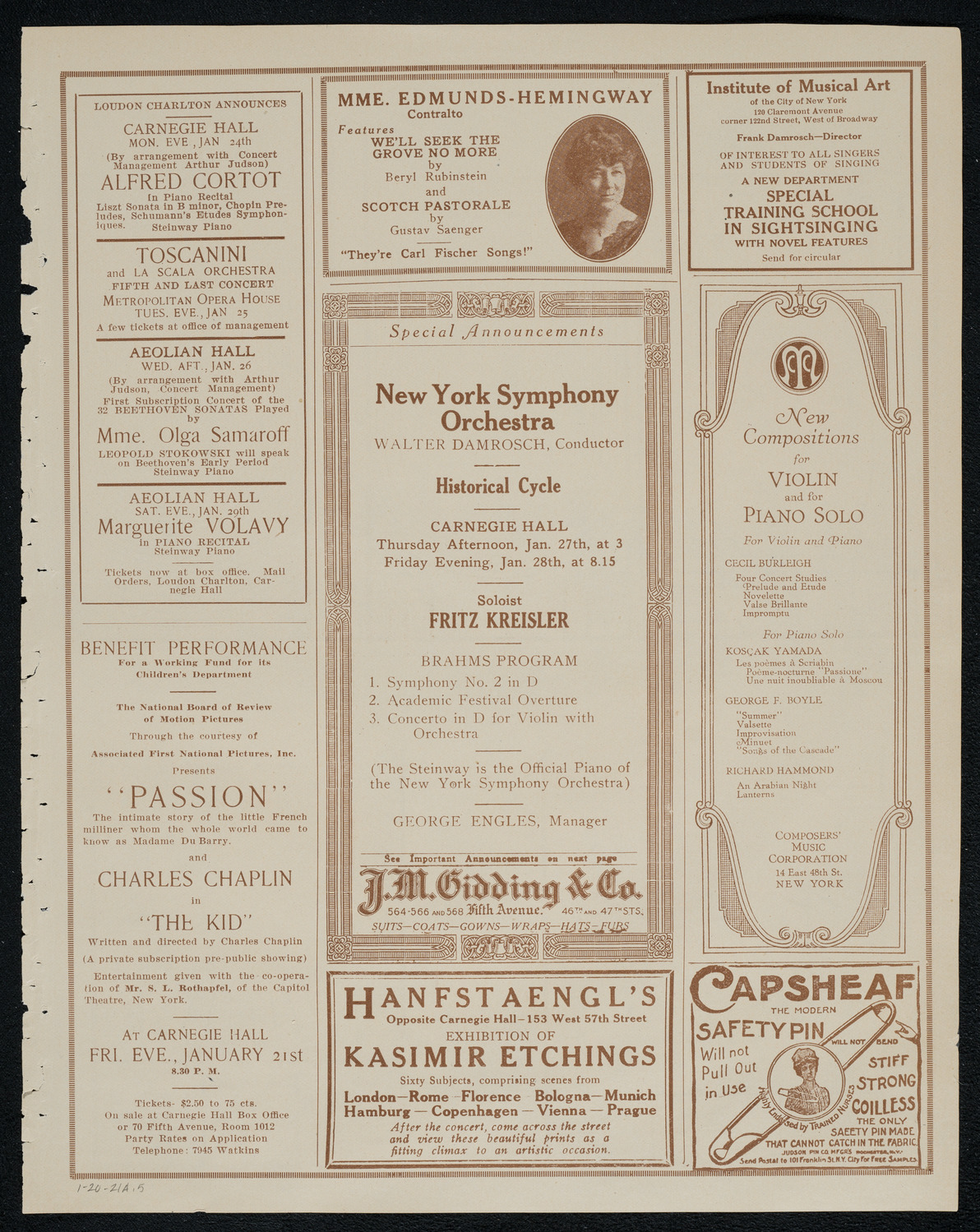 National Symphony Orchestra, January 20, 1921, program page 9