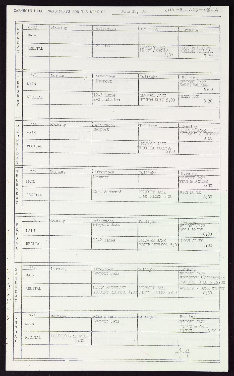 Carnegie Hall Booking Ledger, volume 25, page 88a