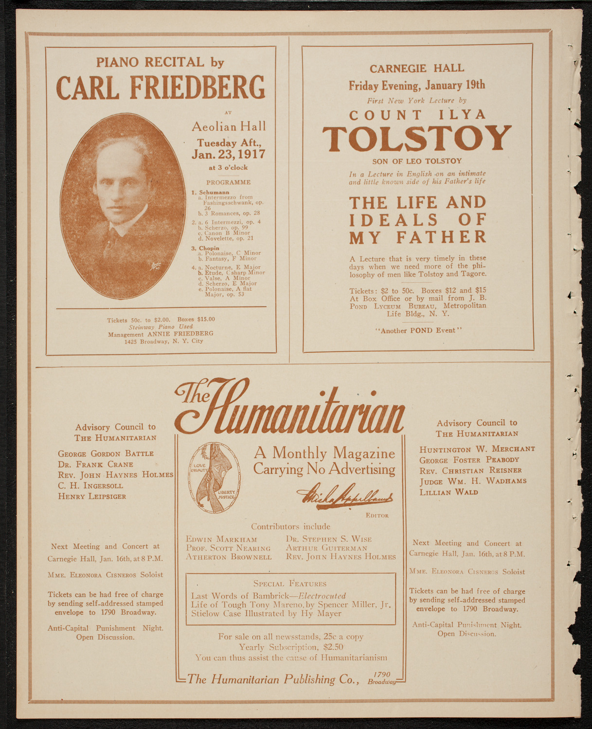 Leo, Jan, and Mischel Cherniavsky, January 16, 1917, program page 10
