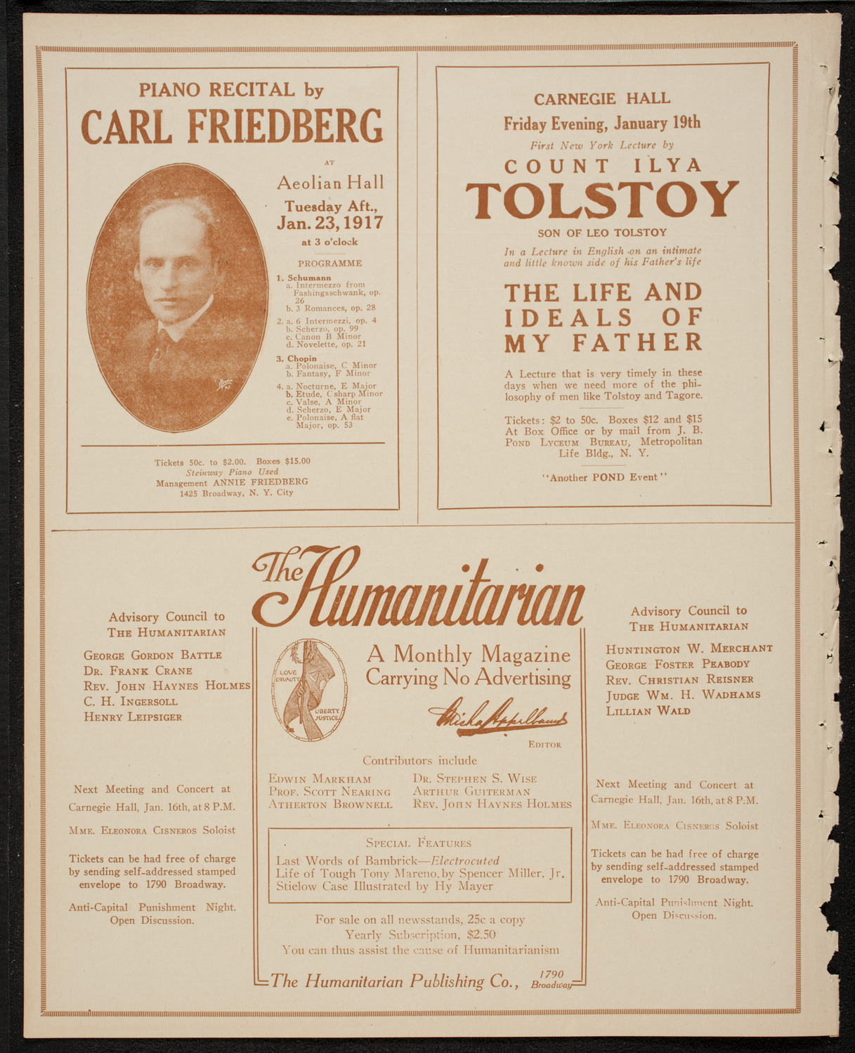 Leo, Jan, and Mischel Cherniavsky, January 16, 1917, program page 10