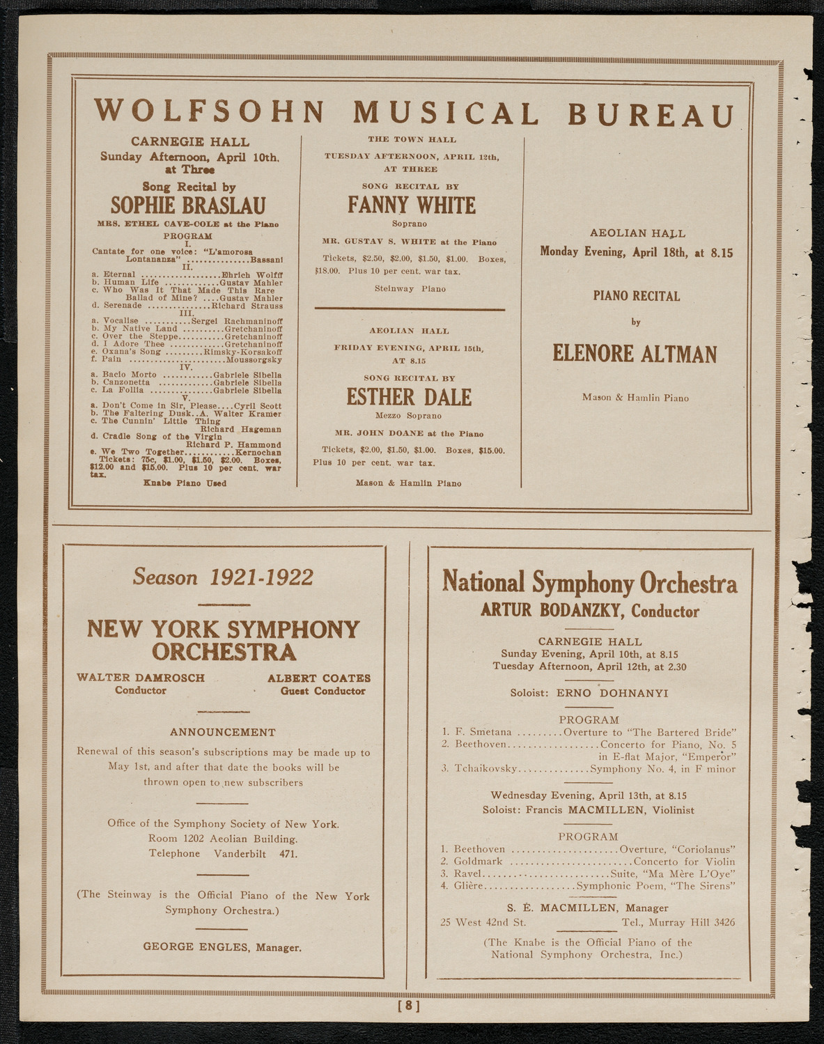 Lydia Lipkowska, Soprano, April 9, 1921, program page 8