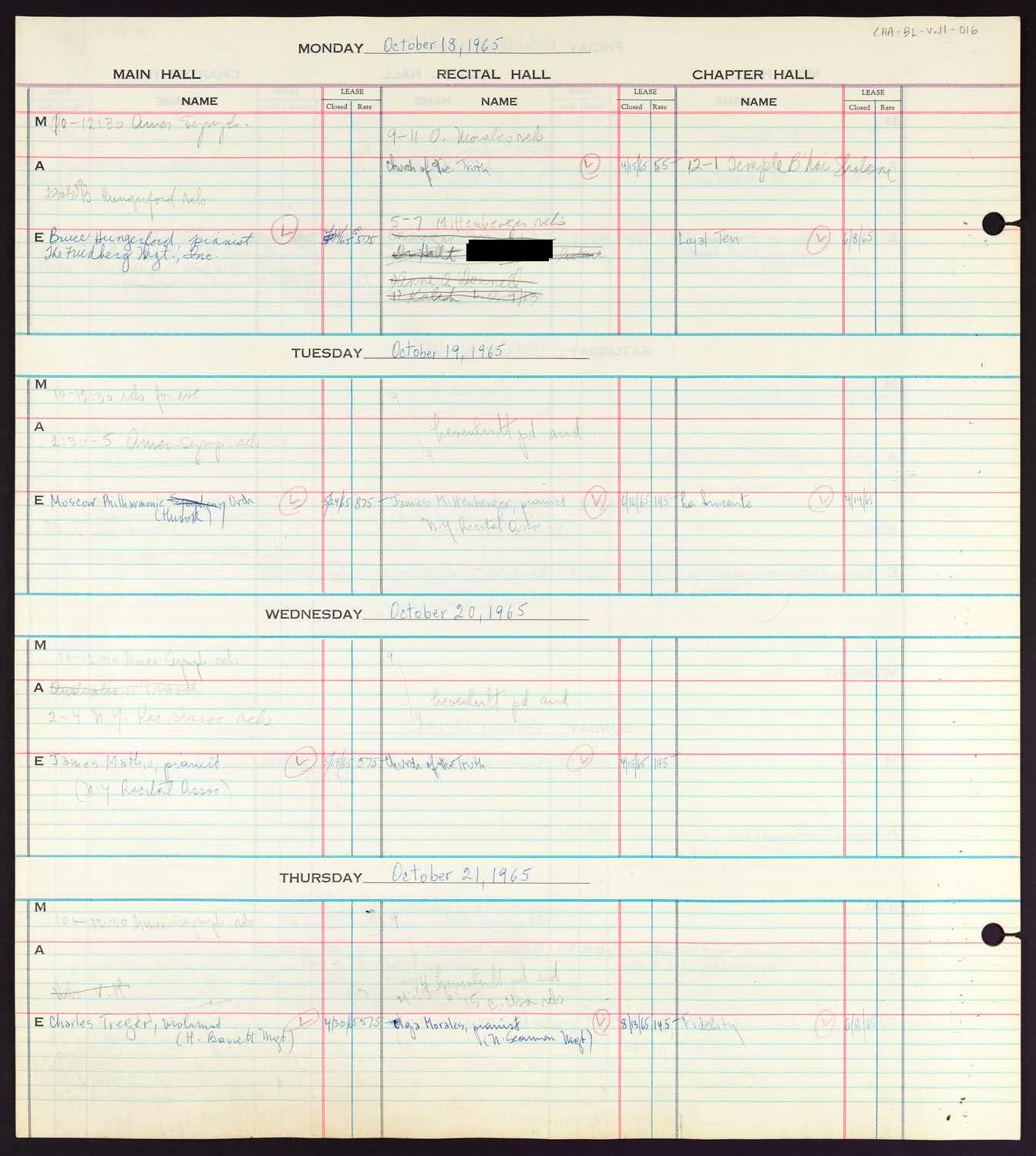 Carnegie Hall Booking Ledger, volume 11, page 16