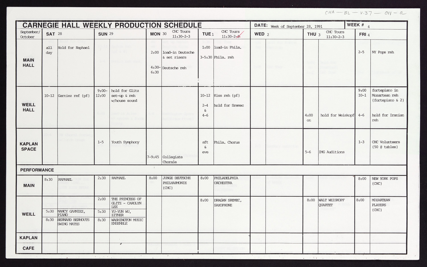 Carnegie Hall Booking Ledger, volume 37, page 11a