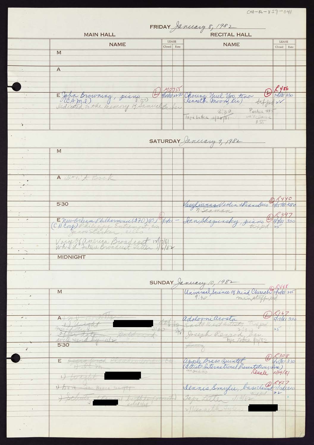 Carnegie Hall Booking Ledger, volume 27, page 41