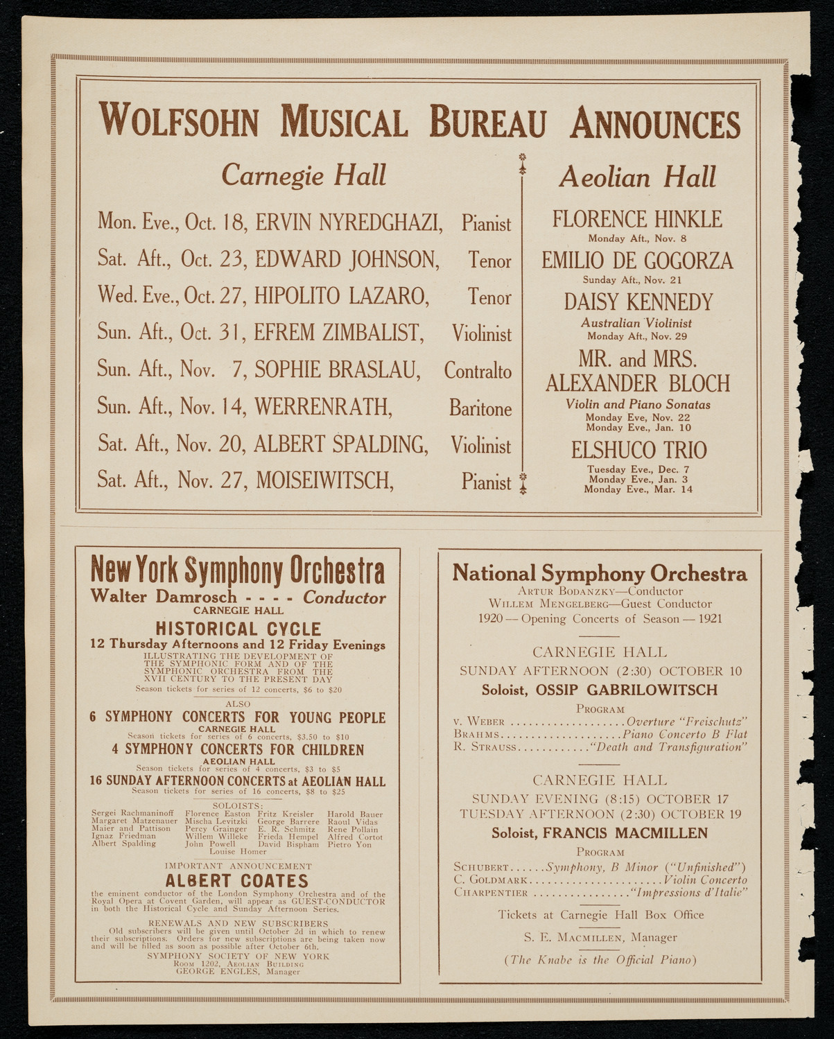 National Symphony Orchestra, October 8, 1920, program page 8