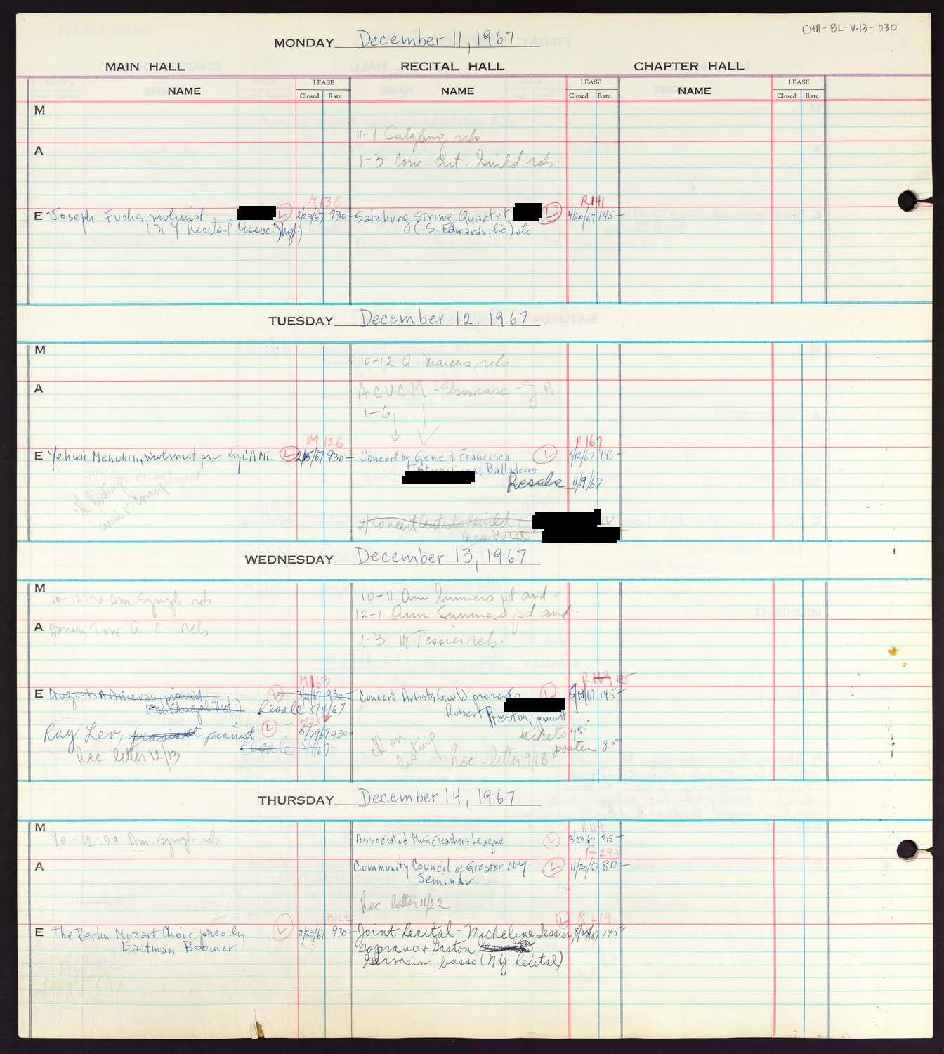 Carnegie Hall Booking Ledger, volume 13, page 30