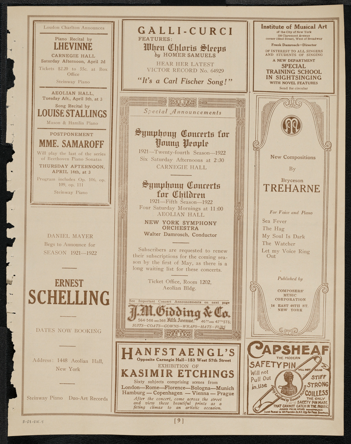 National Symphony Orchestra, March 28, 1921, program page 9