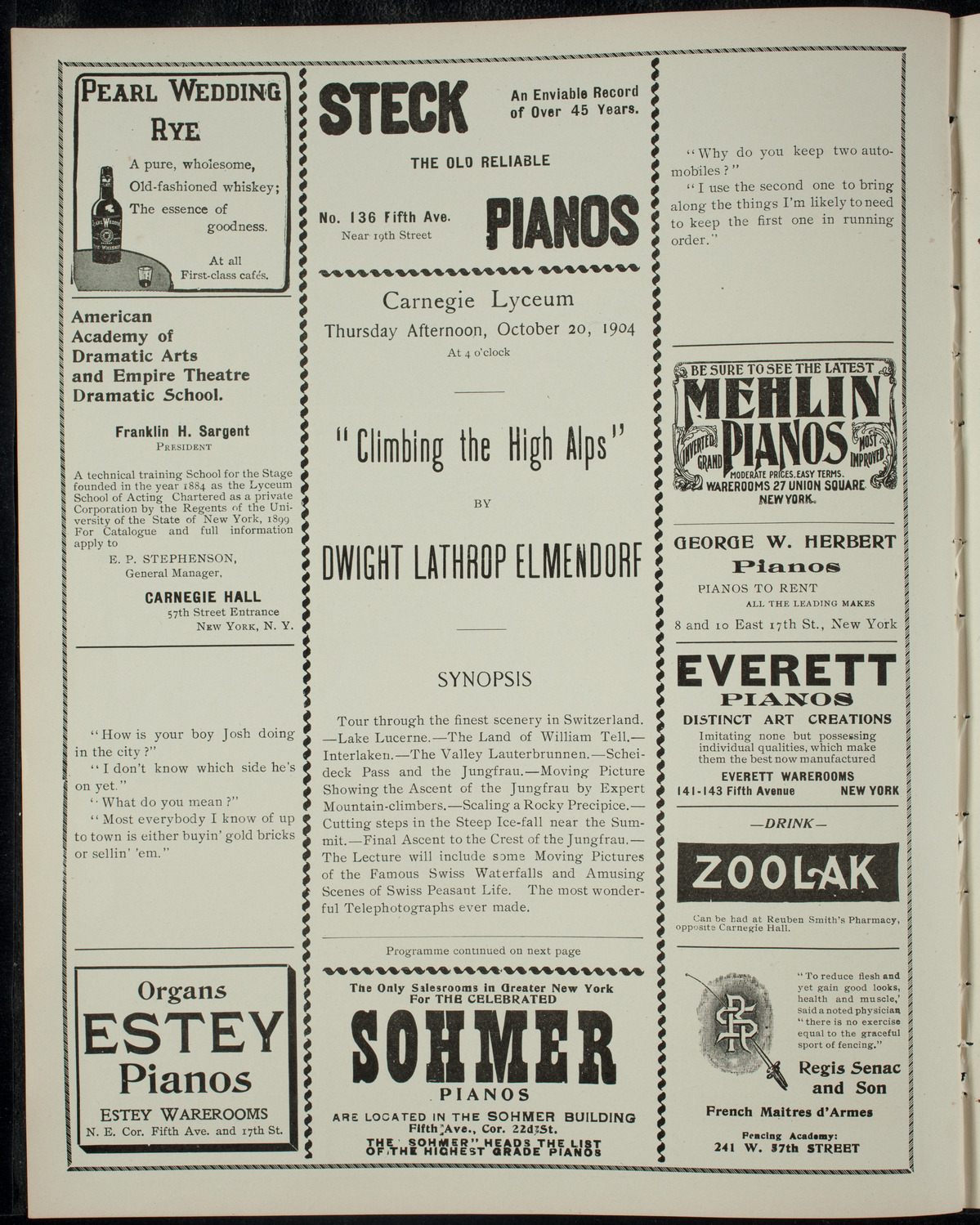 Elmendorf Lecture: Climbing the High Alps, October 20, 1904, program page 2