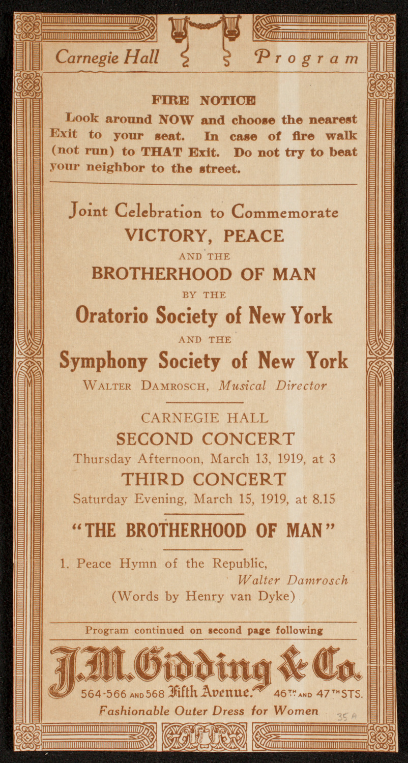 Peace Festival Concert, March 13, 1919, program page 1